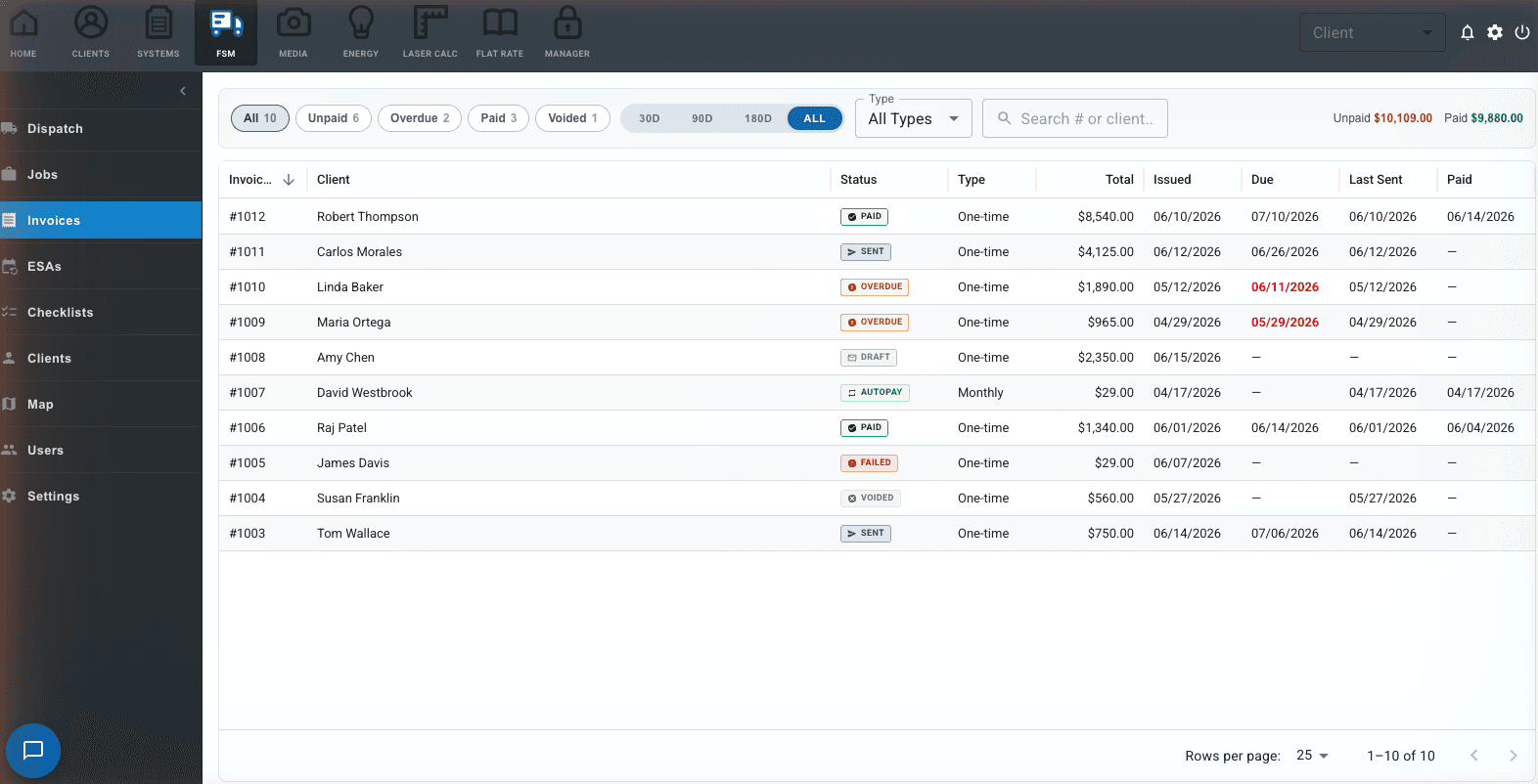 AirMatch invoicing and payment tracking screen