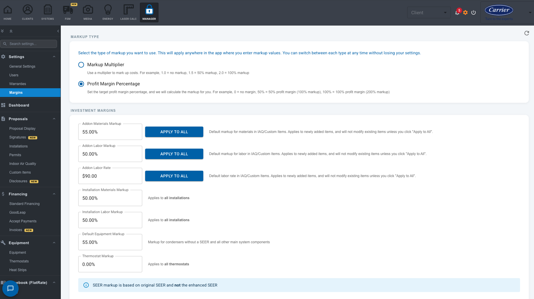Keep equipment, pricing, users, and company settings managed.