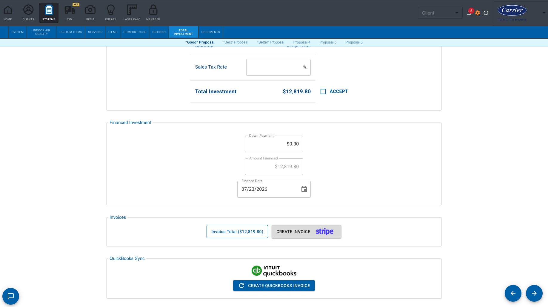 Pricing, financing, deposits, and invoices stay in one flow.